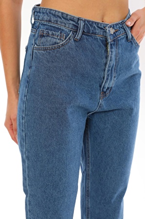 Kadın Yüksek Bel Mom Jeans Kar Yıkama Kot Pantolon