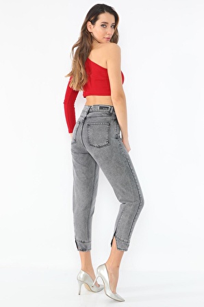 Kadın Yüksek Bel Paçası Yırtmaçlı Mom Jeans Kot Pantolon