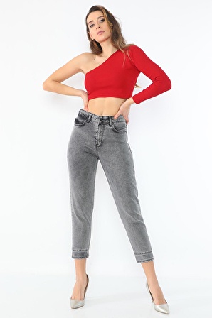 Kadın Yüksek Bel Paçası Yırtmaçlı Mom Jeans Kot Pantolon