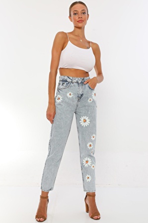 Kadın Yüksek Bel Büyük Papatya Özel El Boyaması Mom Jeans Kot Pantolon