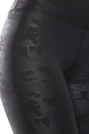 Kadın Yüksek Bel Dalgıç Kumaş Kamuflaj Desen Siyah Spor Tayt