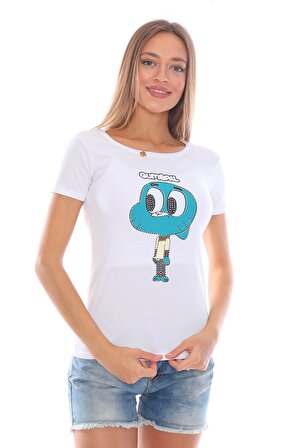 Kadın Gumbell Karakterli Dar Kesim Parlak Taşlı T-Shirt, Tişört