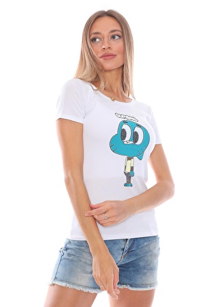 Kadın Gumbell Karakterli Dar Kesim Parlak Taşlı T-Shirt, Tişört