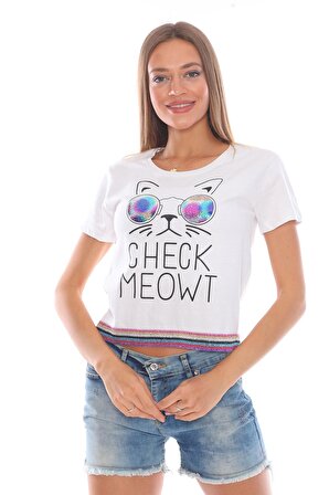 Kadın Parlak Gözlüklü Kedi Baskılı Beli Renkli Simli Pamuklu Tişört