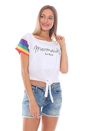 Kadın Mermaids Yazılı Kolları Renkli Önü Bağlamalı Kısa Beyaz T-Shirt, Beyaz Tişört