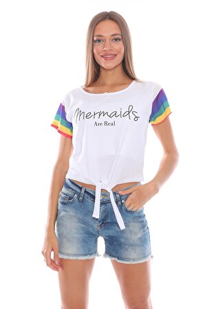 Kadın Mermaids Yazılı Kolları Renkli Önü Bağlamalı Kısa Beyaz T-Shirt, Beyaz Tişört