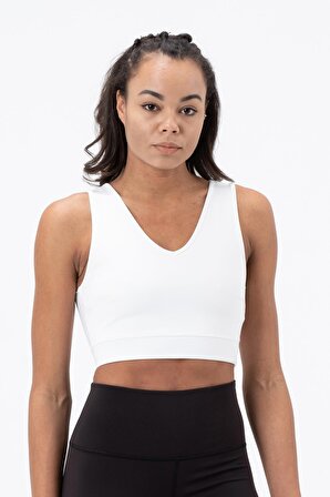 Kadın Beyaz Düz Renk Dalgıç Kumaş V Yaka Spor Bra Sporcu Sütyeni Crop Büstiyer