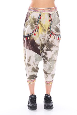 Kadın Renkli Cepleri Püskül Detaylı Batik Desen Etnik Şalvar Pantolon 