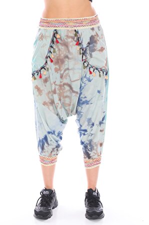 Kadın Renkli Cepleri Püskül Detaylı Batik Desen Etnik Şalvar Pantolon 