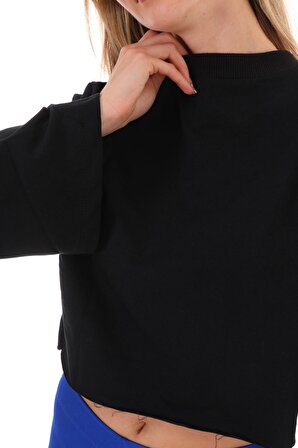 Kadın Siyah Pamuklu Yarasa Kol Crop Sweatshirt