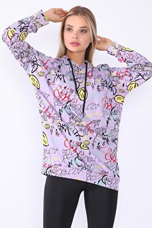 Kadın Grafik Desenli Kapüşonlu Pamuklu Sweatshirt