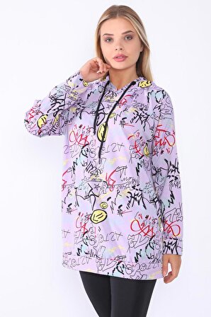 Kadın Grafik Desenli Kapüşonlu Pamuklu Sweatshirt