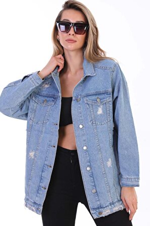 Kadın Mavi Sayı Baskılı Yırtık Detaylı Jean Boyfriend Oversize Uzun Kot Ceket