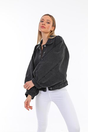 Kadın Oversize Jean Balon Kol Kar Yıkama Denim Kot Ceket