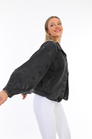 Kadın Oversize Jean Balon Kol Kar Yıkama Denim Kot Ceket