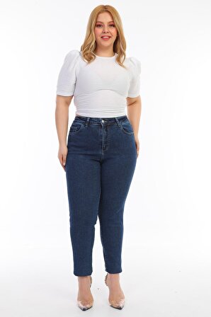 Kadın Büyük Beden Yüksek Bel Full Likralı Kar Yıkama Mom Jeans Kot Pantolon