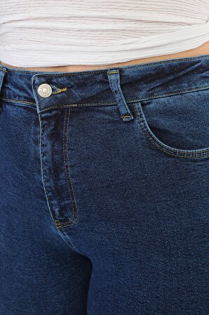 Kadın Büyük Beden Yüksek Bel Full Likralı Kar Yıkama Mom Jeans Kot Pantolon
