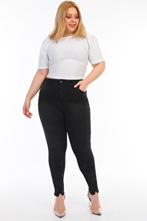 Kadın Büyük Beden Füme Gri Nakışlı Taşlı Yüksek Bel Full Likralı Dar Kesim Kot Pantolon