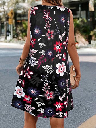 PXSL Kadın Kolsuz Renkli çiçek Baskılı Süprem Elbise