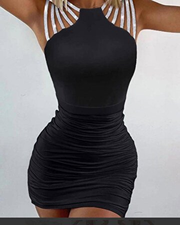 PXSL Kadın örme Kristal Kumaş Simli şerit Detaylı Mini Elbise