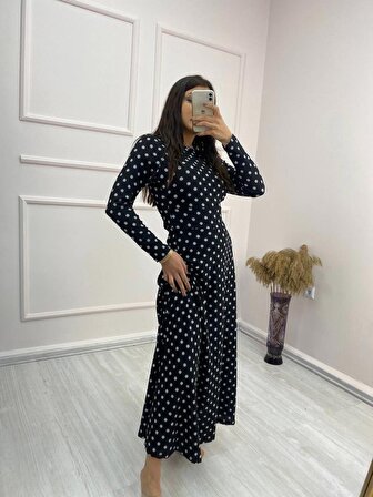 Kadın Krep Kumaş Uzun Kollu Tam Boy Puantiyeli Elbise 132 Cm