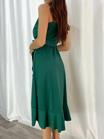 Kadın Yeşil Beli Kuşaklı Kruvaze Midiboy Elbise