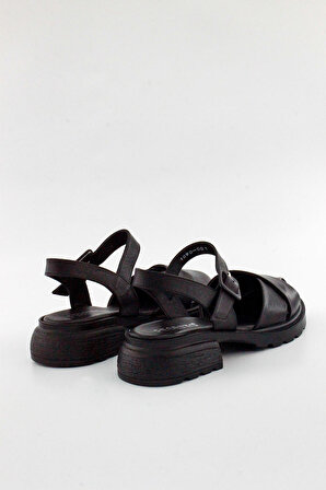 Siyah Deri Kadın Sandalet
