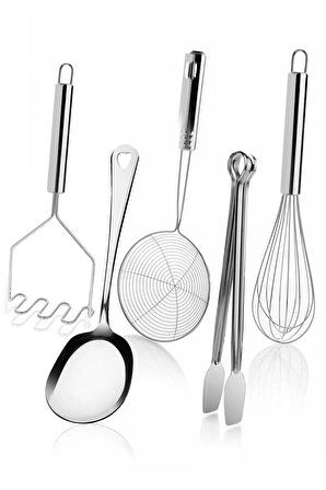 5 Parça Çelik Metal Mutfak Servis Seti Takımı (kaşık, Çırpıcı, Maşa, Patates Ezici, Kızartma Kevgir)
