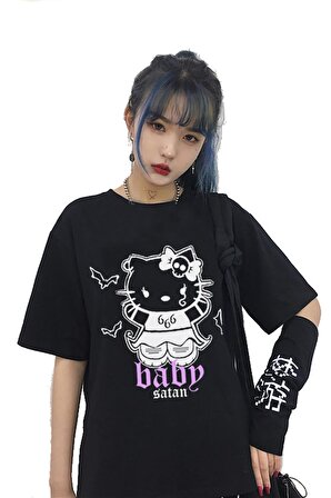 Hello Kitty Gothic Anime Grunge Baskılı Oversize Tshirt