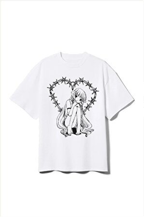 Beyaz Gotik E-girl Grunge Baskılı Oversize Tişört