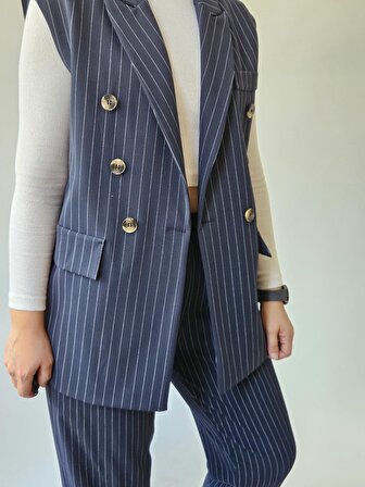 Lacivert Premium Boy Fit Kadın Pantolon Kolsuz Ceket Yelek Takımı Atlas Kumaş