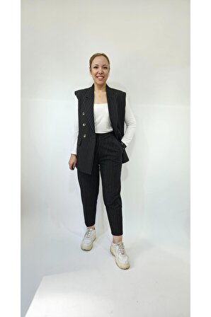 Siyah Renk Premium Boy Fit Kadın Pantolon Kolsuz Ceket Yelek Takımı Atlas Kumaş