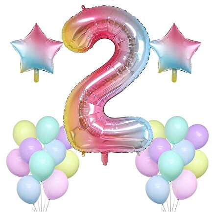 Gökkuşağı Konsepti 2 Yaş Doğum Günü Parti Kutlama Seti; Rakam Ve Yıldız Folyo,Pastel Balon