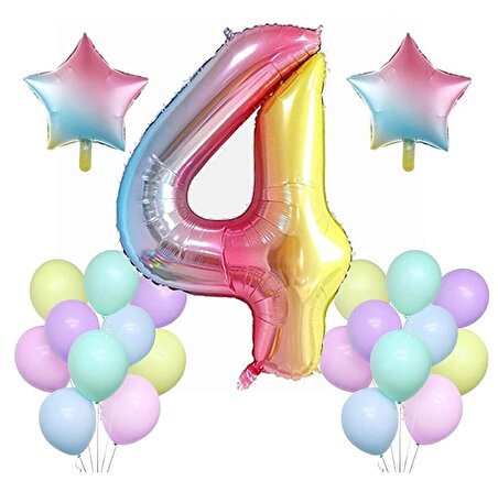 Gökkuşağı Konsepti 4 Yaş Doğum Günü Parti Kutlama Seti; Rakam Ve Yıldız Folyo,Pastel Balon