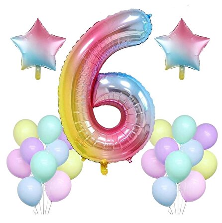 Gökkuşağı Konsepti 6 Yaş Doğum Günü Parti Kutlama Seti; Rakam Ve Yıldız Folyo,Pastel Balon