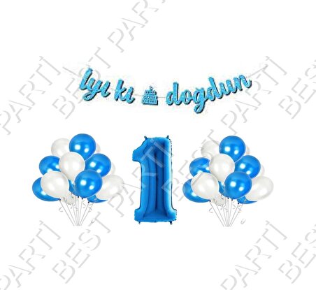 İyiki Doğdun Yazılı Banner 1 Yaş Mavi Balon Seti Doğum Günü