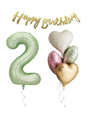 Su Yeşili Renk Rakam Kalp Balon Happy Bırthday Yazılı Doğum Günü Seti Yaş 2