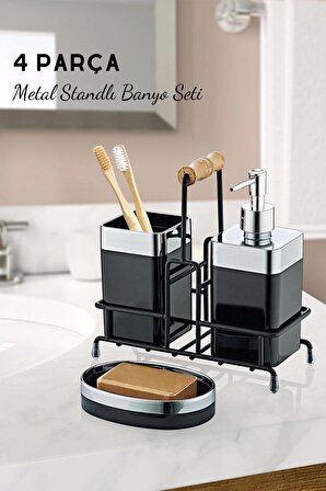 Metal Standlı Krom Detaylı Banyo Seti Siyah- Sıvı Sabunluk Katı Sabunluk Diş Fırçalık