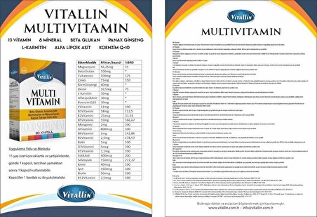 Vitallin - Multi Vitamin 30 Kapsül - Beta Glukan - Koenzim Q10 - Multivitamin Ve Mineral