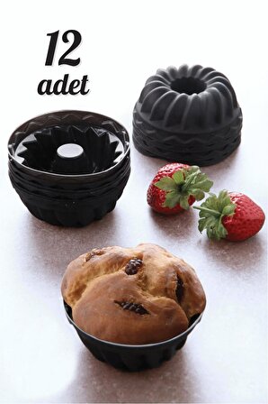 12 Li Yıkanabilir Mini Kek Muffin Pişirme Kalıbı, Silikon Muffin, Cupcake Kalıbı Siyah