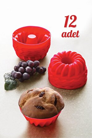 12 Li Yıkanabilir Mini Kek Muffin Pişirme Kalıbı, Silikon Muffin, Cupcake Kalıbı Kırmızı