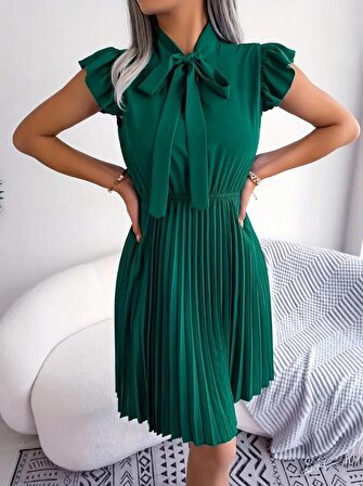 pazarella Kadın Kısa Kollu Boyundan Bağcıklı Eteği Pileli Ithal Krep Elbise
