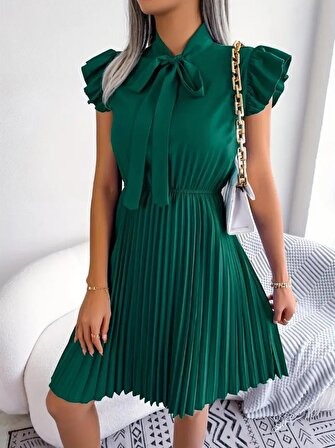 pazarella Kadın Kısa Kollu Boyundan Bağcıklı Eteği Pileli Ithal Krep Elbise