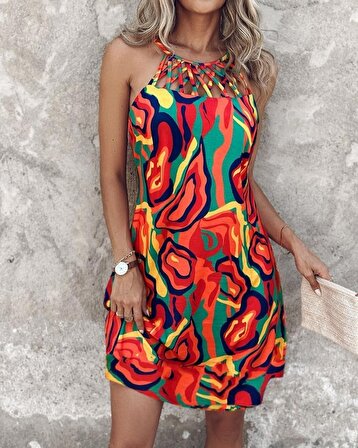 pazarella Kadın Sıfır Kol Yuvarlak Yaka önden çapraz şerit Detay çok Renkli Baskılı Süprem Kısa Elbise
