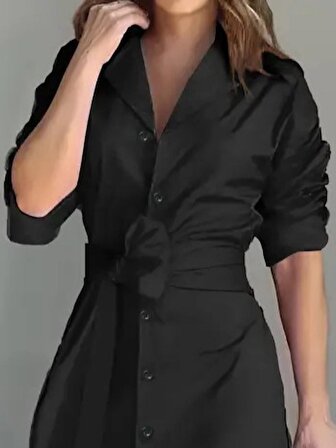 pazarella Kadın Uzun Kollu Eteği Fırfırlı Beli Kuşaklı Trikoton Tam Boy Gömlek Elbise