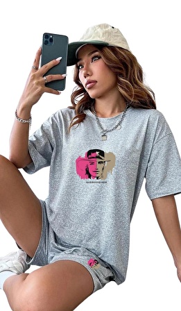 Kadın Barbie Barbenheimer Baskılı Özel Tasarım Gri Penye Şort ve Oversize T-Shirt Takımı 