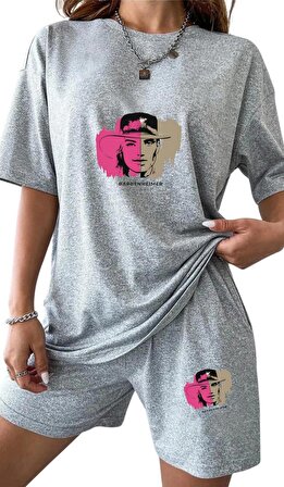 Kadın Barbie Barbenheimer Baskılı Özel Tasarım Gri Penye Şort ve Oversize T-Shirt Takımı 