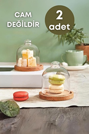 2 Adet Sunumluk Fanusu Ahşap Plastik Kapaklı Kahve Yanı Sunumluk Fanus-CAM DEĞİLDİR