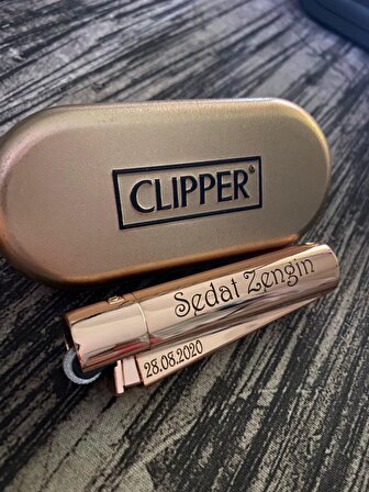 Clipper Metal Çakmak Parlak Bronz Kişiye Özel Yazı Logo İle