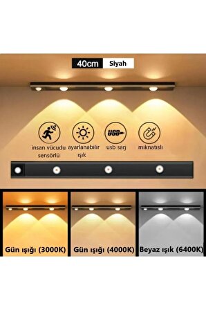 Hareket Sensörlü - Dekoratif Gece Lambası - USB Şarjlı LED AYDINLATMA SİYAH KASA 30cm